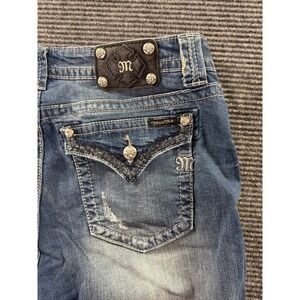 Miss Me Jeans Womens 34 Mid Wash Distressed Straight Leg Embroidered Flap Pocket